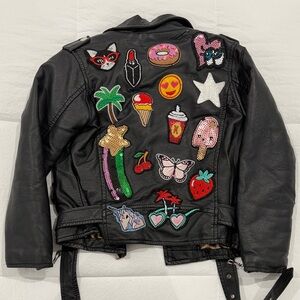Lola and the Boys Black faux moto jacket with Fun Patches